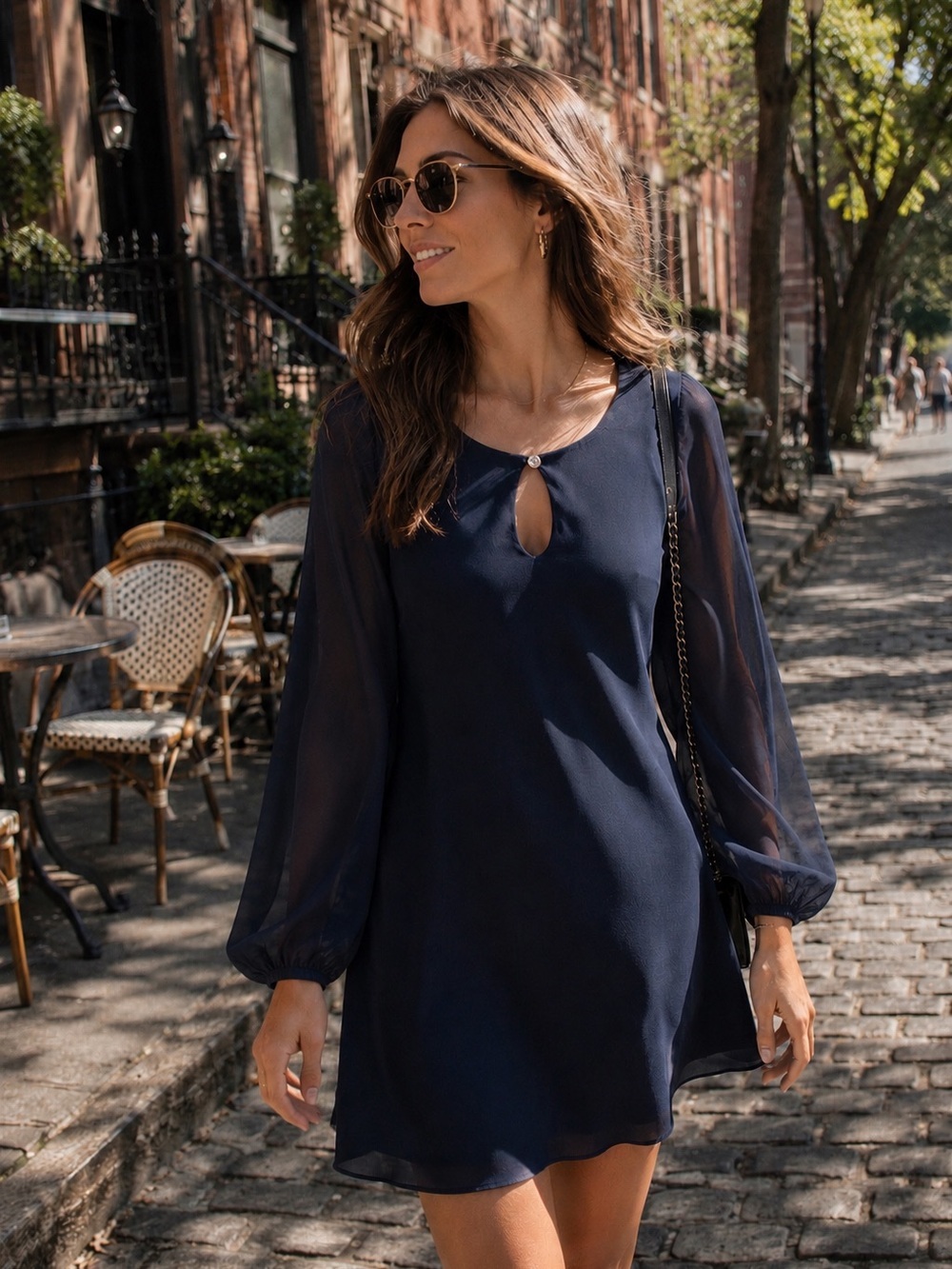 Alice + Olivia 100% Silk Navy Shift Dress Crystal Keyhole Bishop Sleeve Mini